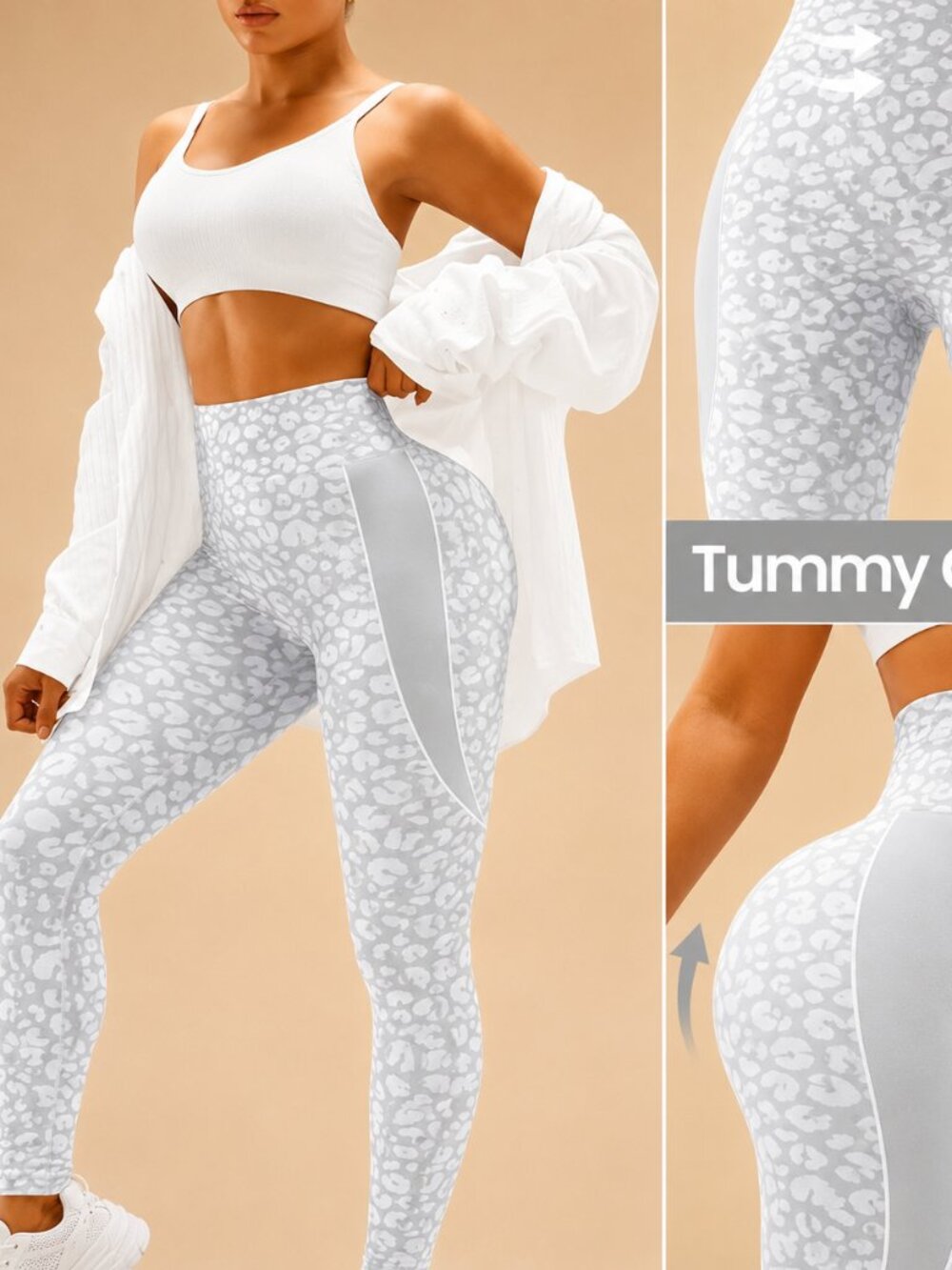 Scrunch Butt Leopard Leggings High Waist Tummy Control Grey White XS 😍😎